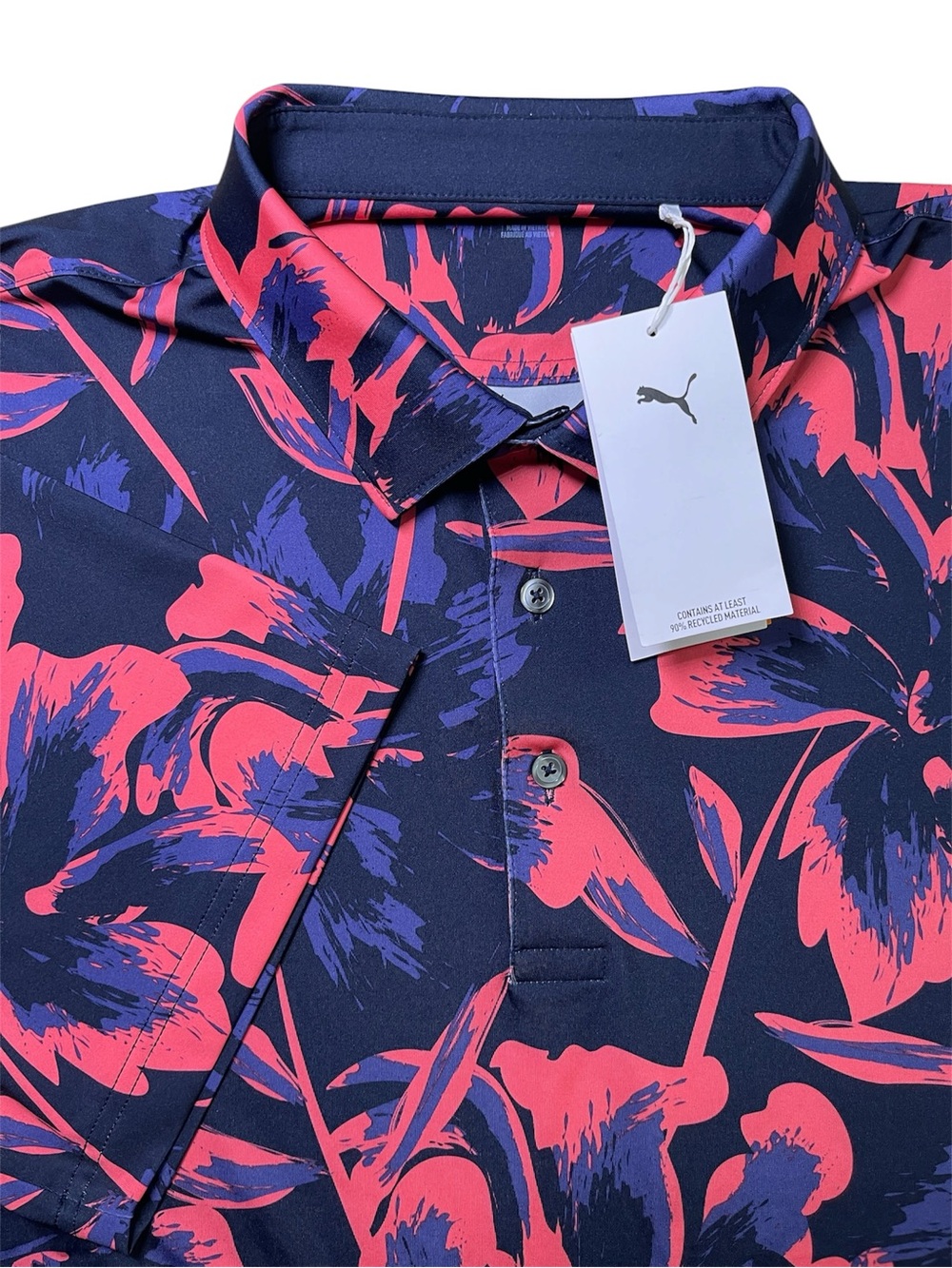 NWT Puma Mattr Men Broken Flower Golf Polo 628828 01 Deep Navy Peach Frost XL